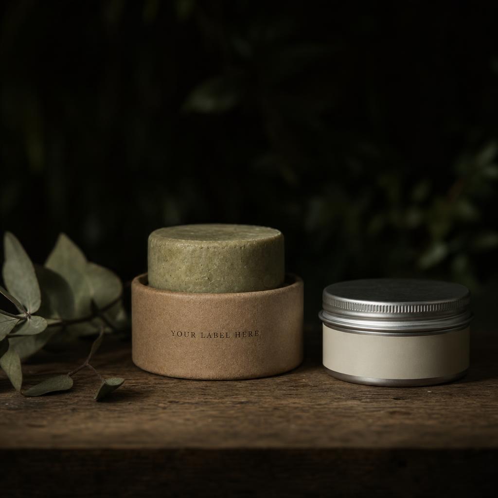 Wasserloser Solid Bar mit Kraftpapier-Verpackung — Your Label Here Mockup